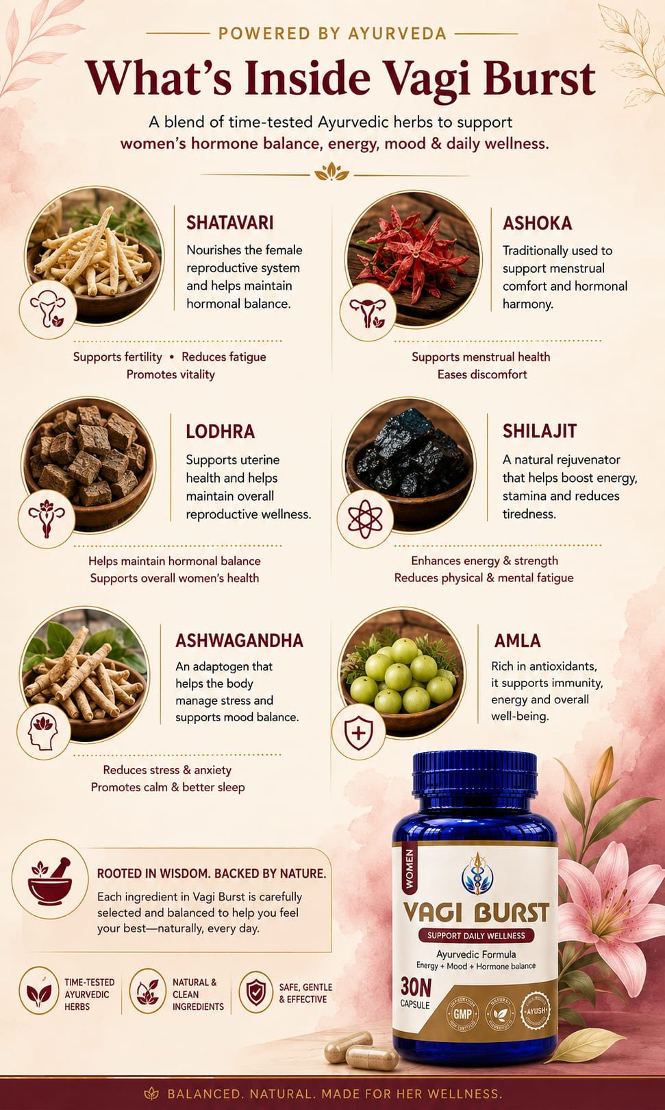 What's inside Vagi Burst - Shatavari, Ashoka, Lodhra, Shilajit, Ashwagandha, Amla