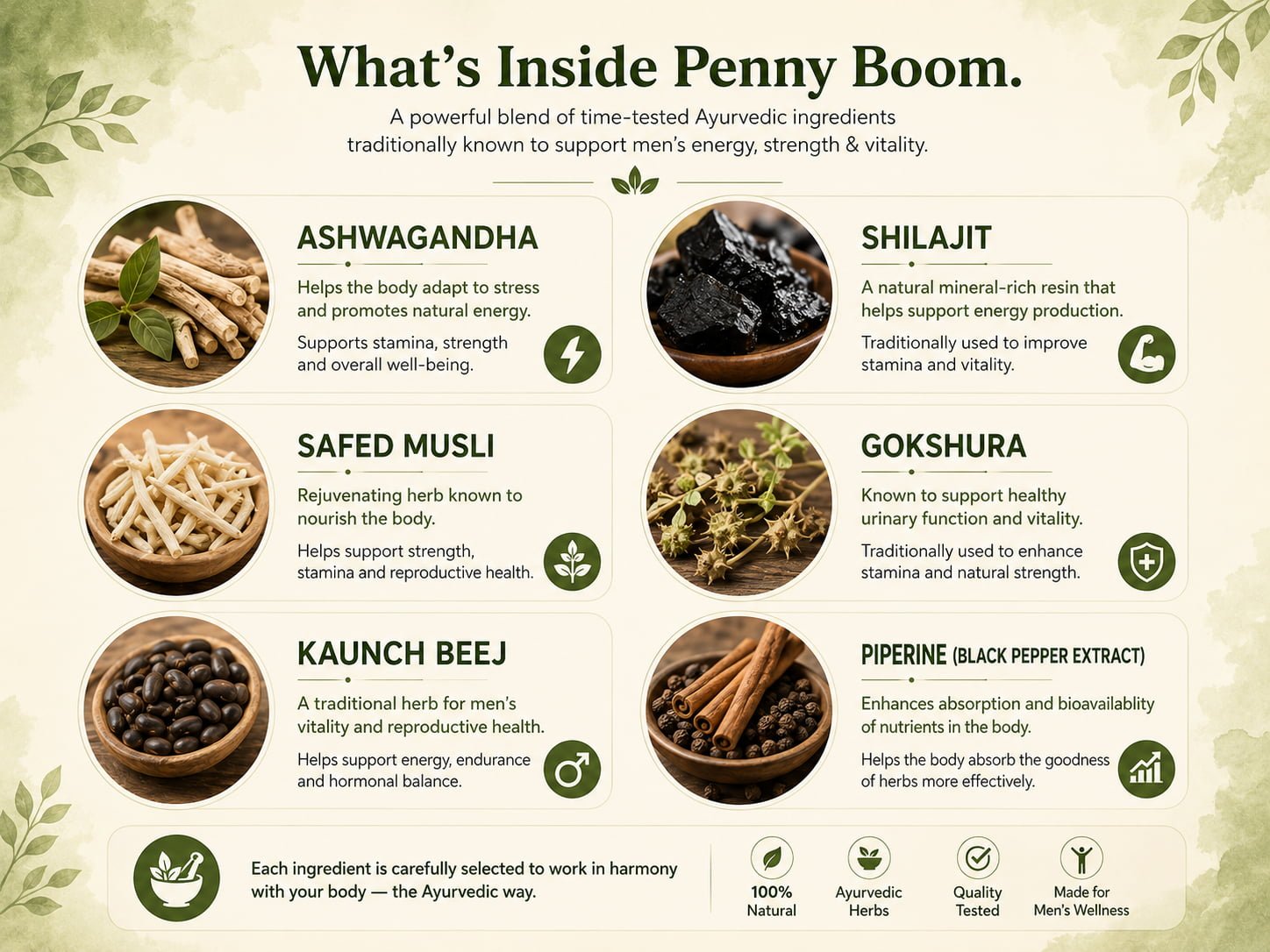 Penny Boom Ayurvedic Men's Health Supplement – Energy, Stamina & Vitality | 60 Capsules 6 What's inside Penny Boom - Ashwagandha, Shilajit, Safed Musli, Gokshura, Kaunch Beej, Jaiphal