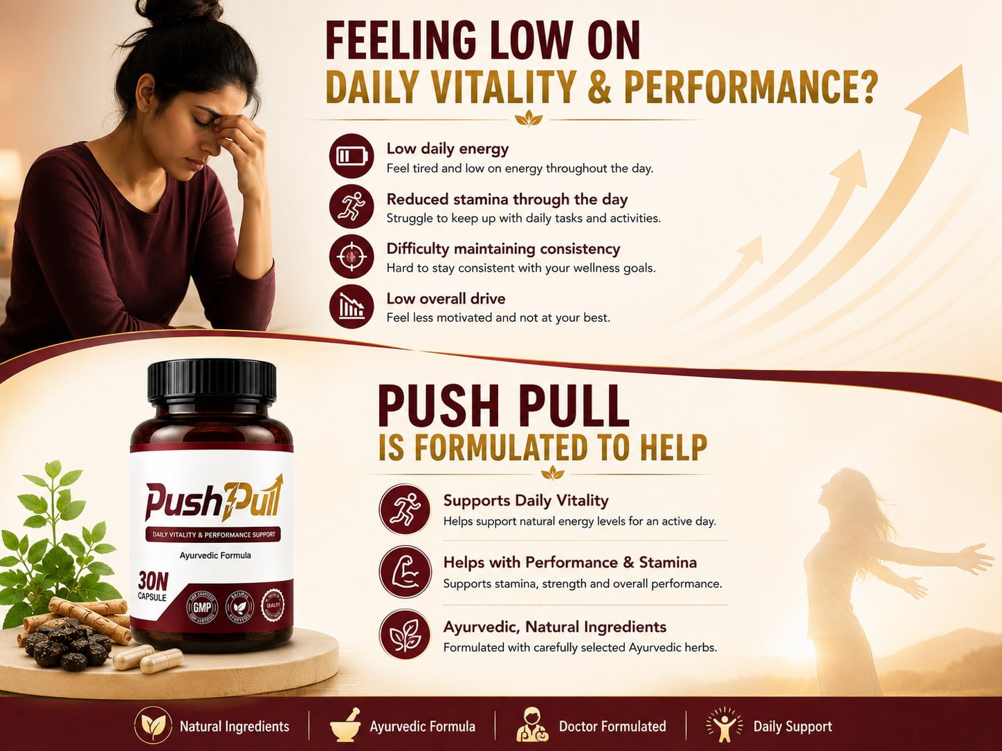 PushPull Ayurvedic Supplement for Women – Daily Vitality & Performance Support 5 Feeling low on daily vitality and performance? Push Pull is formulated to help